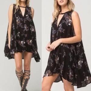 Free People Snap Out Of It Sleeveless Tree Swing Tunic Top Small Black Floral
